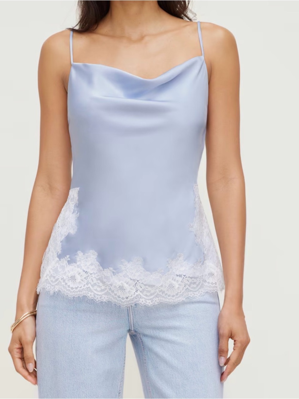 Dynamite Light Blue Satin Cowl Neck Lace-Trim Camisole - Picture 1 of 2
